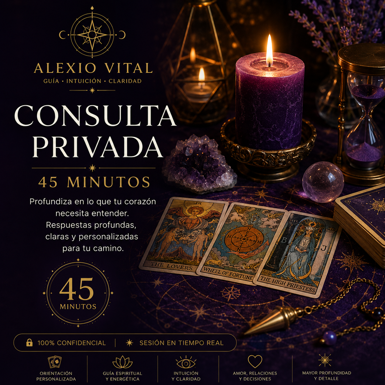 Consulta privada de tarot de 45 minutos con Alexio Vital en ambiente espiritual y esotérico
