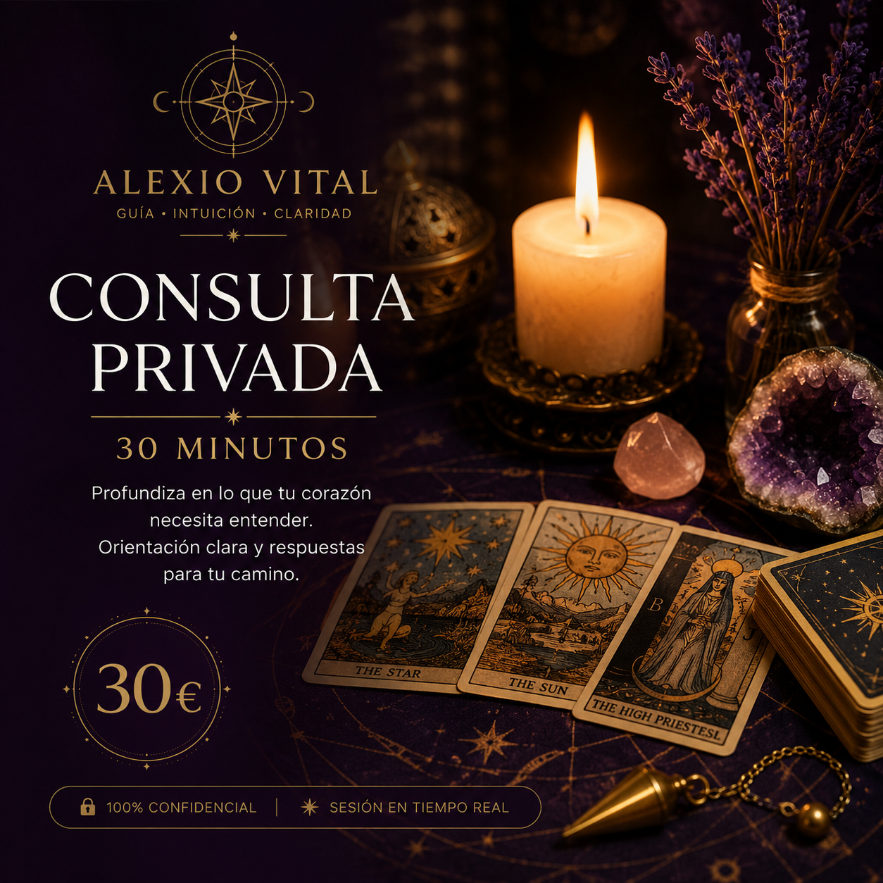Consulta privada de tarot de 30 minutos con Alexio Vital en ambiente espiritual y esotérico