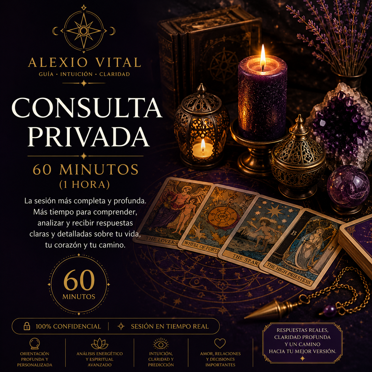 Consulta privada de tarot de 60 minutos con Alexio Vital en ambiente espiritual y esotérico