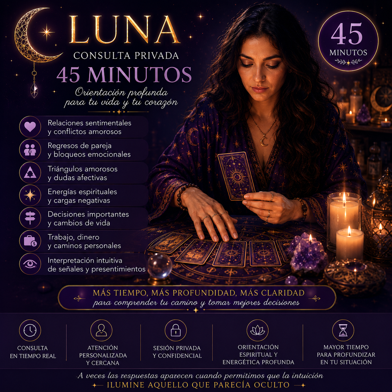 Consulta privada de tarot con Luna de 45 minutos para orientación espiritual y emocional profunda