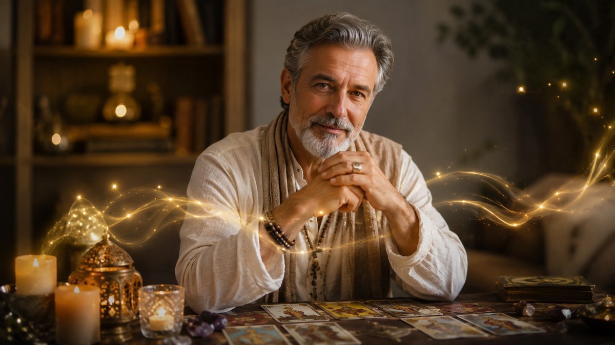 Alexio Vital en una escena espiritual con cartas de tarot, velas y energía luminosa