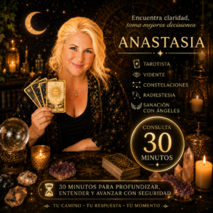 Consulta de tarot de 30 minutos con Anastasia, tarotista y vidente especializada en radiestesia, constelaciones familiares y sanación con ángeles.