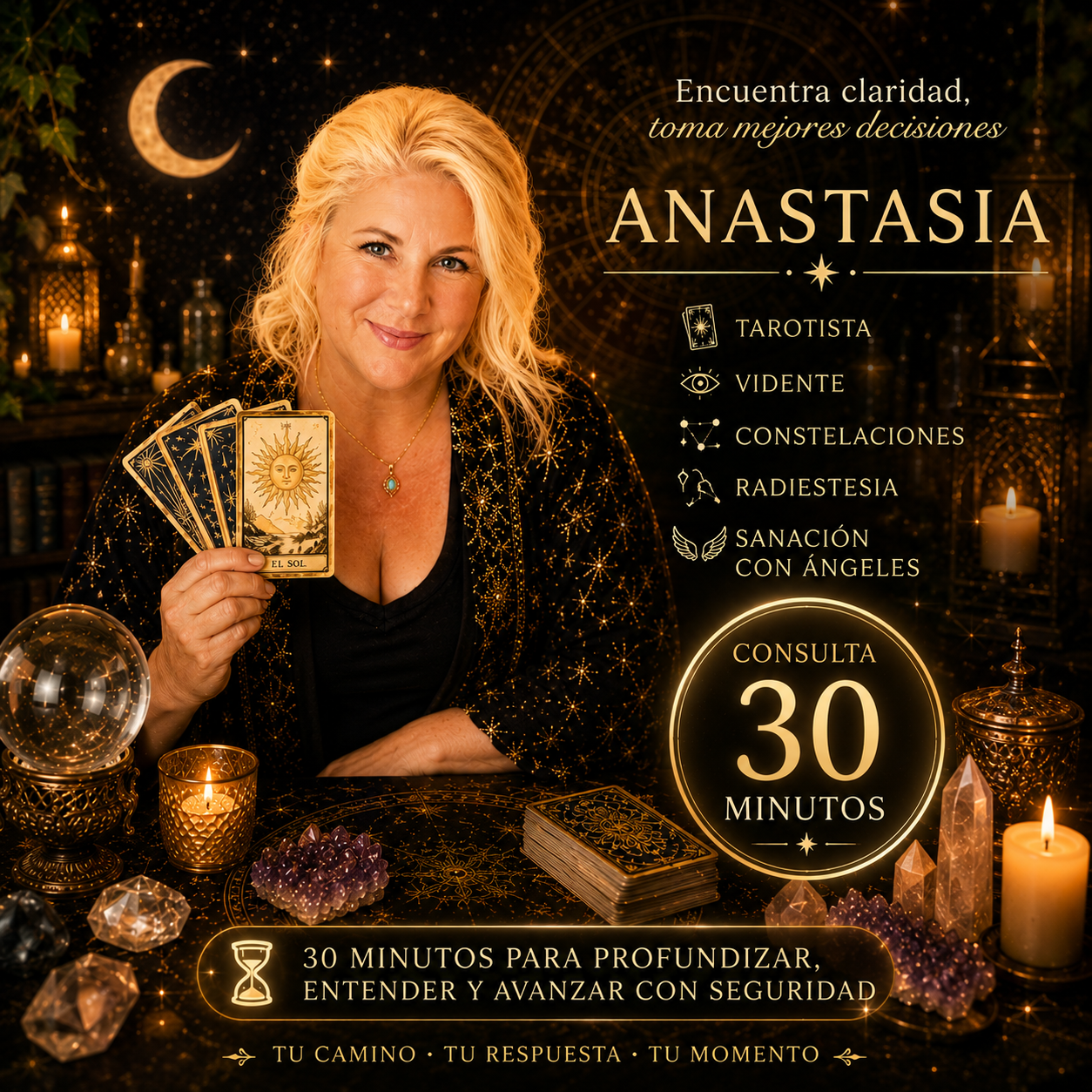 Consulta de tarot de 30 minutos con Anastasia, tarotista y vidente especializada en radiestesia, constelaciones familiares y sanación con ángeles.