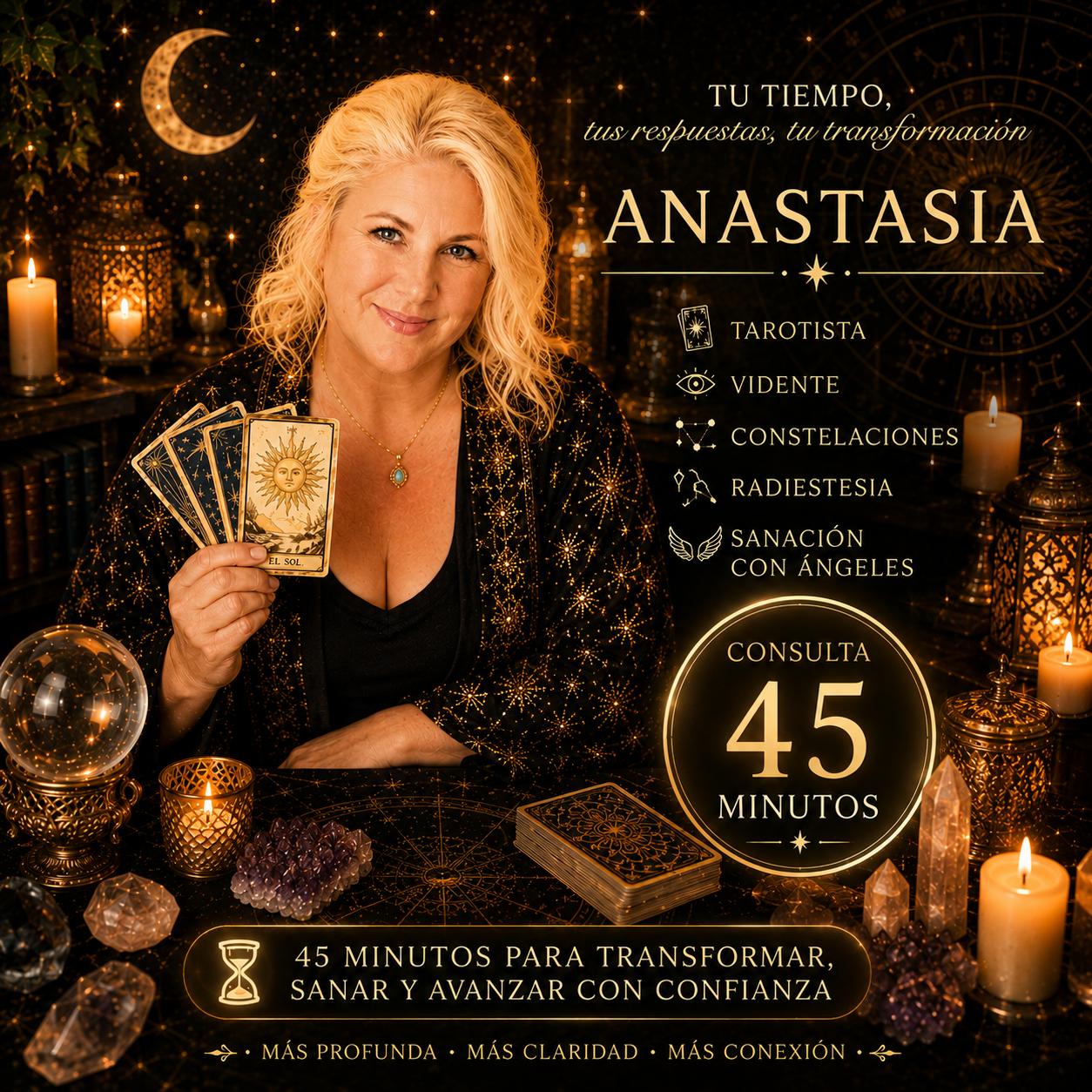 Consulta de tarot de 45 minutos con Anastasia, tarotista y vidente especializada en constelaciones familiares, radiestesia y sanación con ángeles.