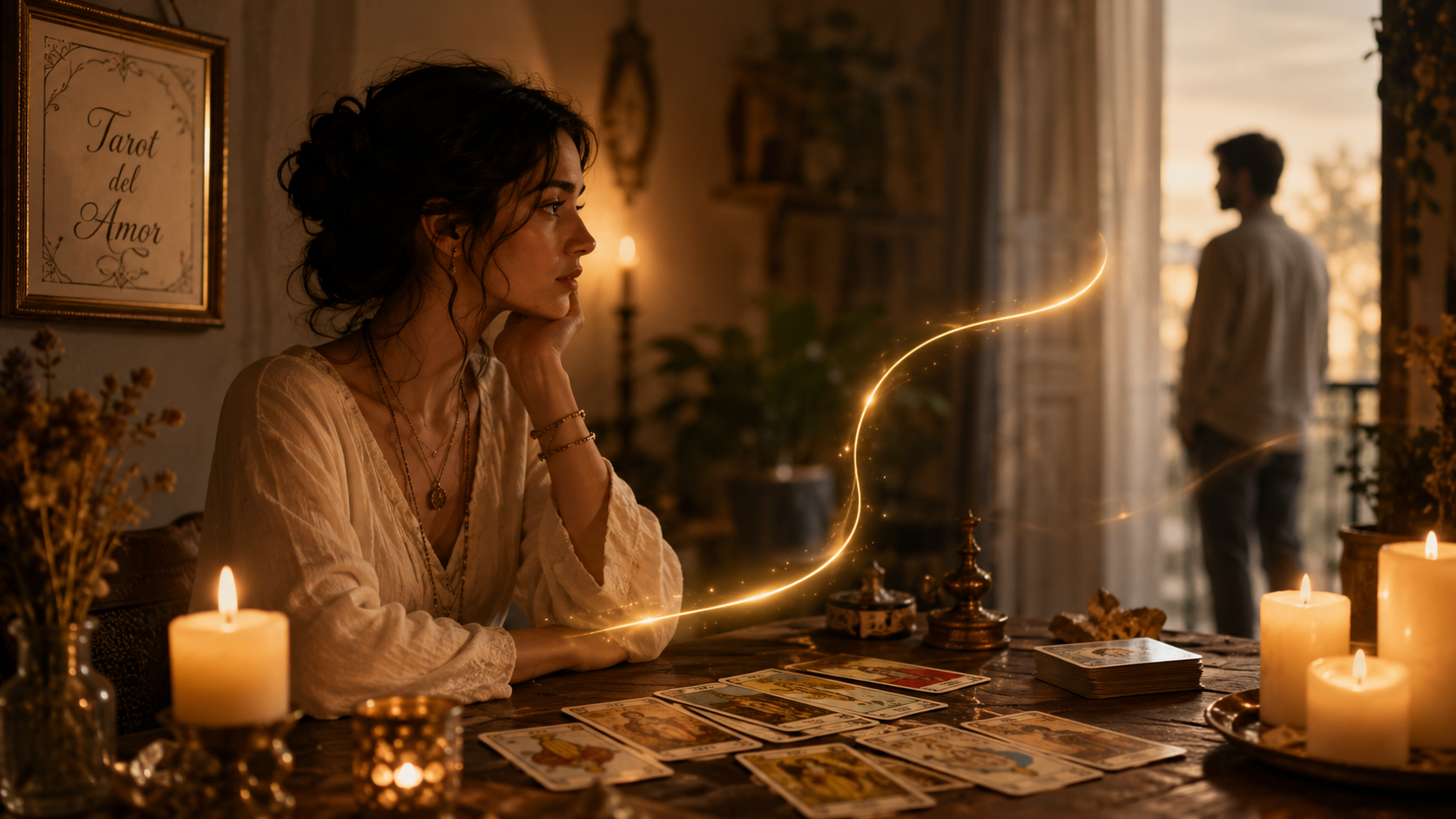 Persona en ambiente espiritual con velas sintiendo una conexión energética amorosa con alguien que piensa en ella