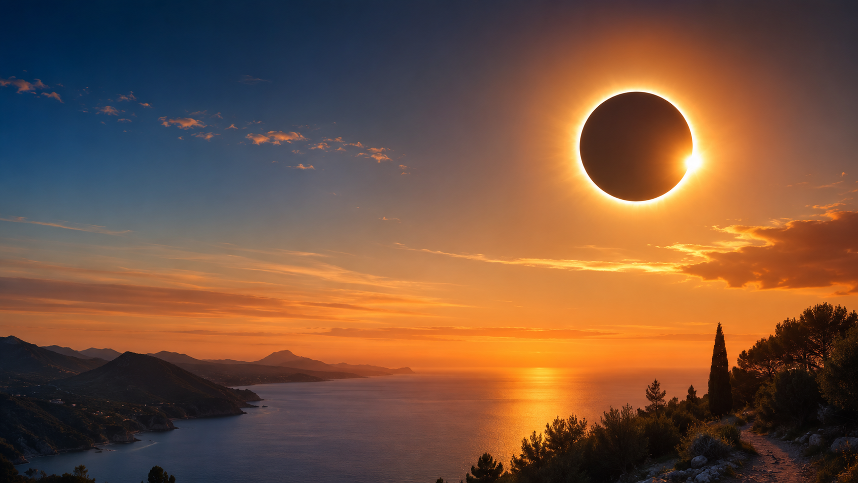 Eclipse solar del 12 de agosto de 2026 sobre un paisaje al atardecer